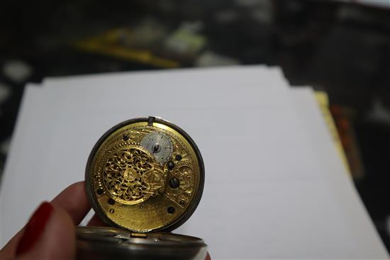 A George III silver pair-cased keywind verge pocket watch, James Davis, Leaminster, with enamelled Roman dial.